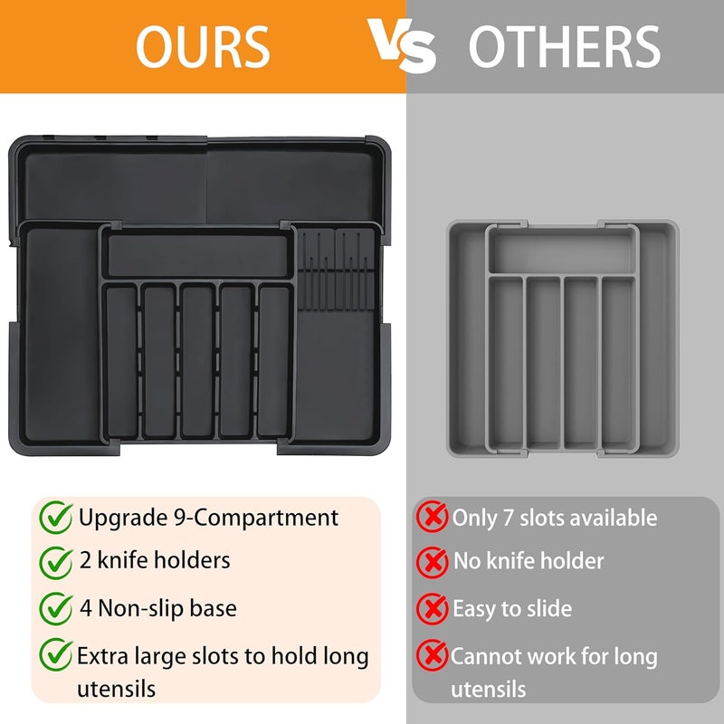 Homecor Silverware Organizer - Expandable Large Kitchen Drawer Organizer Utensil Organizer with 2 Removable Knife Blocks, 22"x 19"Cutlery Tray Drawer Dividers for Kitchen Flatware(6-9 Slots) (Black) - Image 3